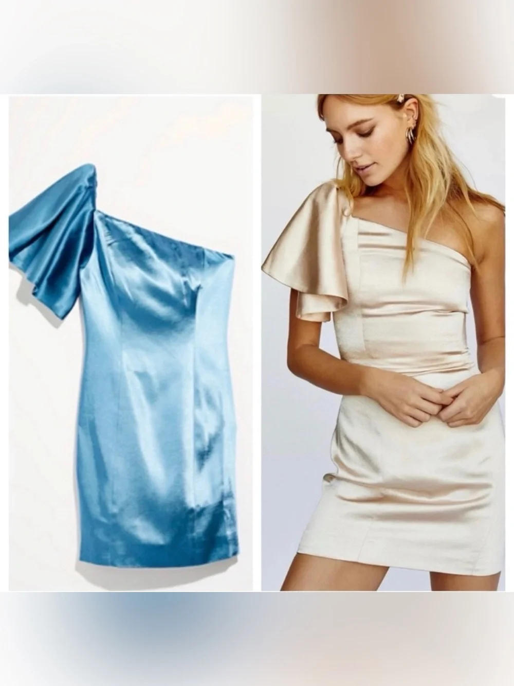 Free People One-Shoulder Satin Mini Dress in Light Blue and Champagne